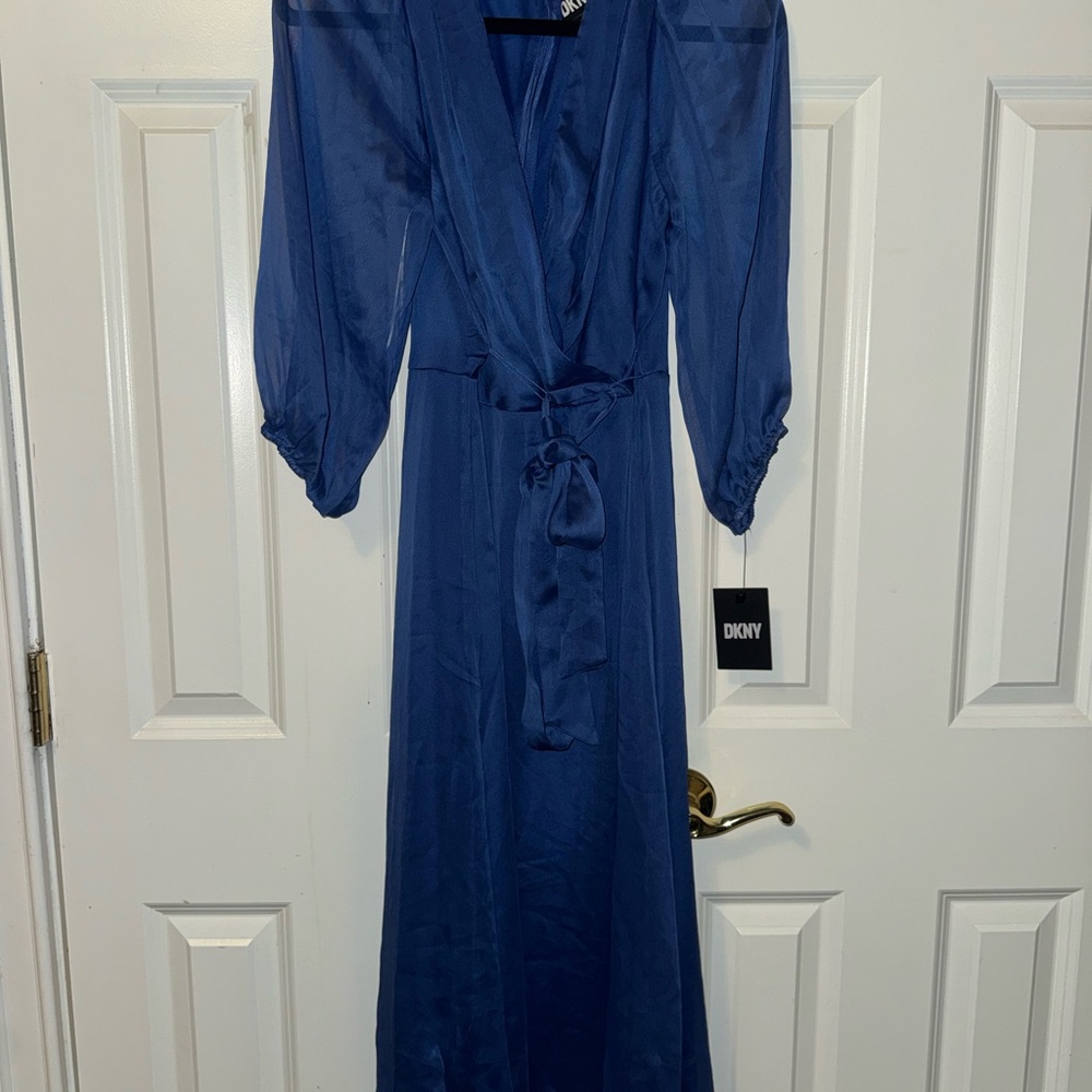 DKNY Deep Blue Wrap Maxi Dress with Tie Waist